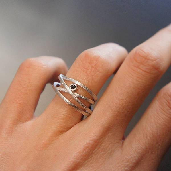 Anell plata rodi i diamant negre ATW Anells