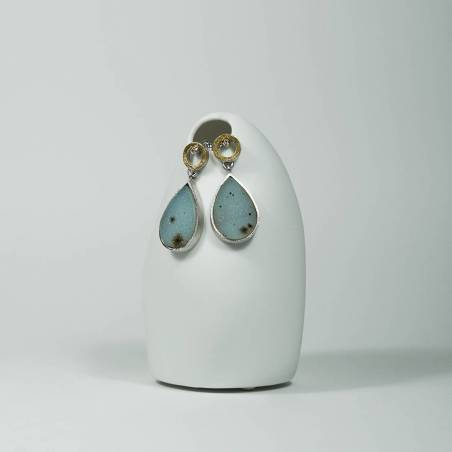 Pendientes oro y plata. Diamantes y ágatas drusas.