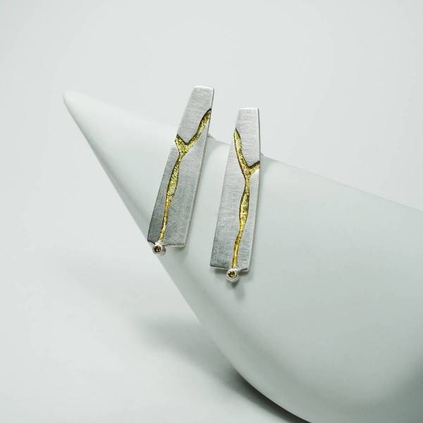 Large sterling silver and gold leaf earrings KINTSUGI
