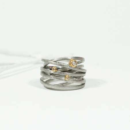 Anell ample plata rodi amb or i diamants naturals