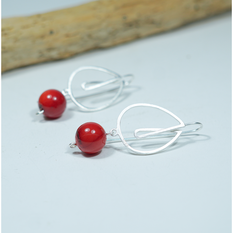Pendientes largos plata y coral