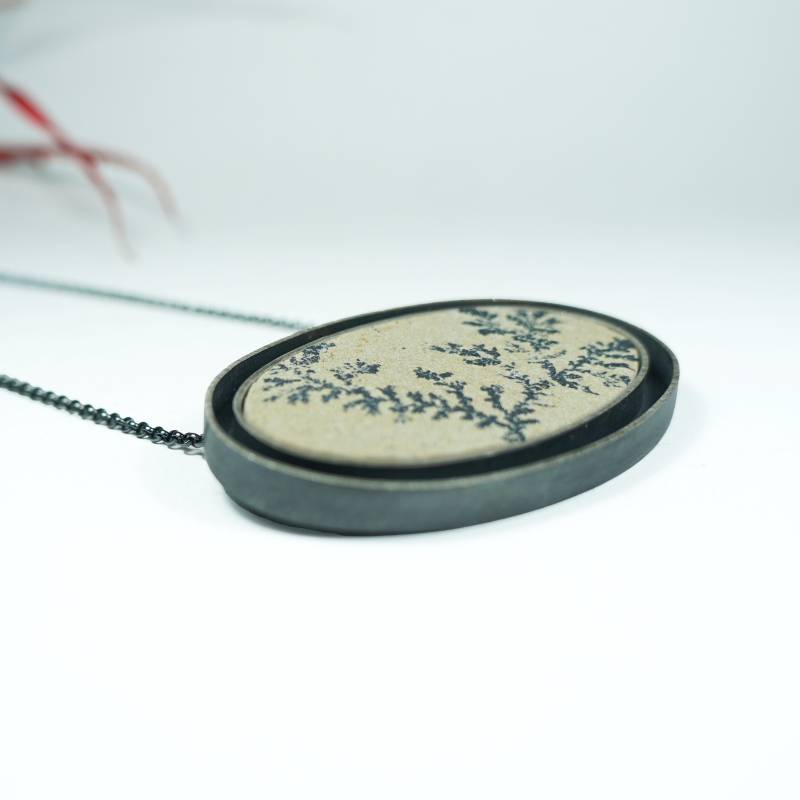 Pyrolusite oval silver pendant